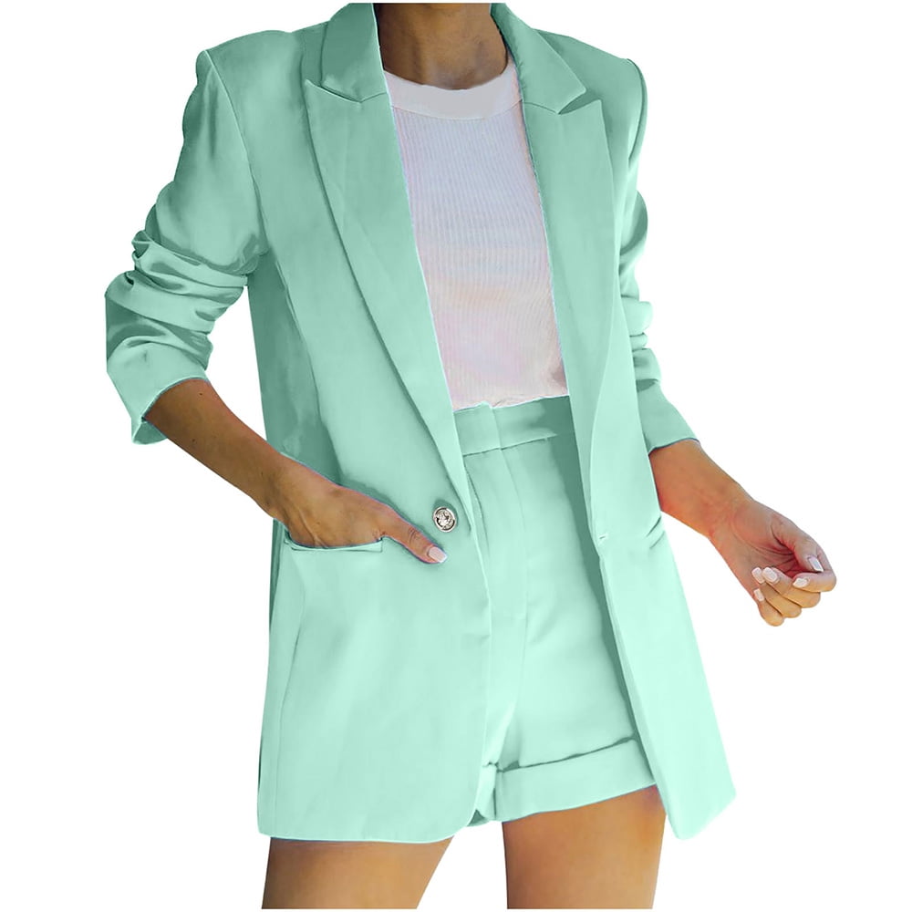 Women Suit Sets Zpanxa 2 Piece Outfits Women Long Sleeve Solid Color Blazer Pockets Shorts Sets Open Front Short Pants Mint Green XL 25589def 6b15 41fd aab6 4c0c0a124431.718069b3779f5aa24666e735e898ae7f